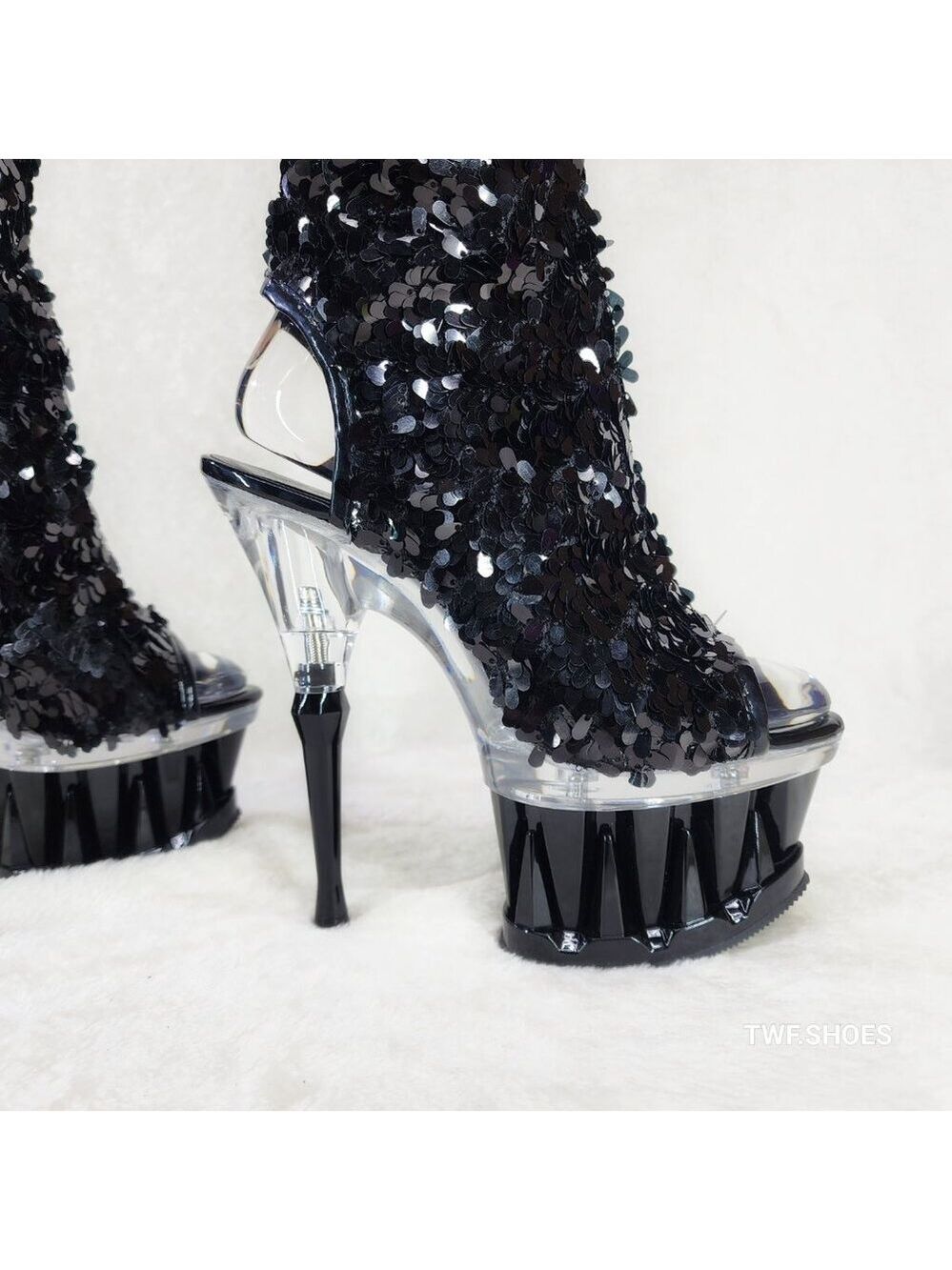 Pleaser Spiky Black Sequin Knee Boots Spiked Design Platform - Picture 12 of 12